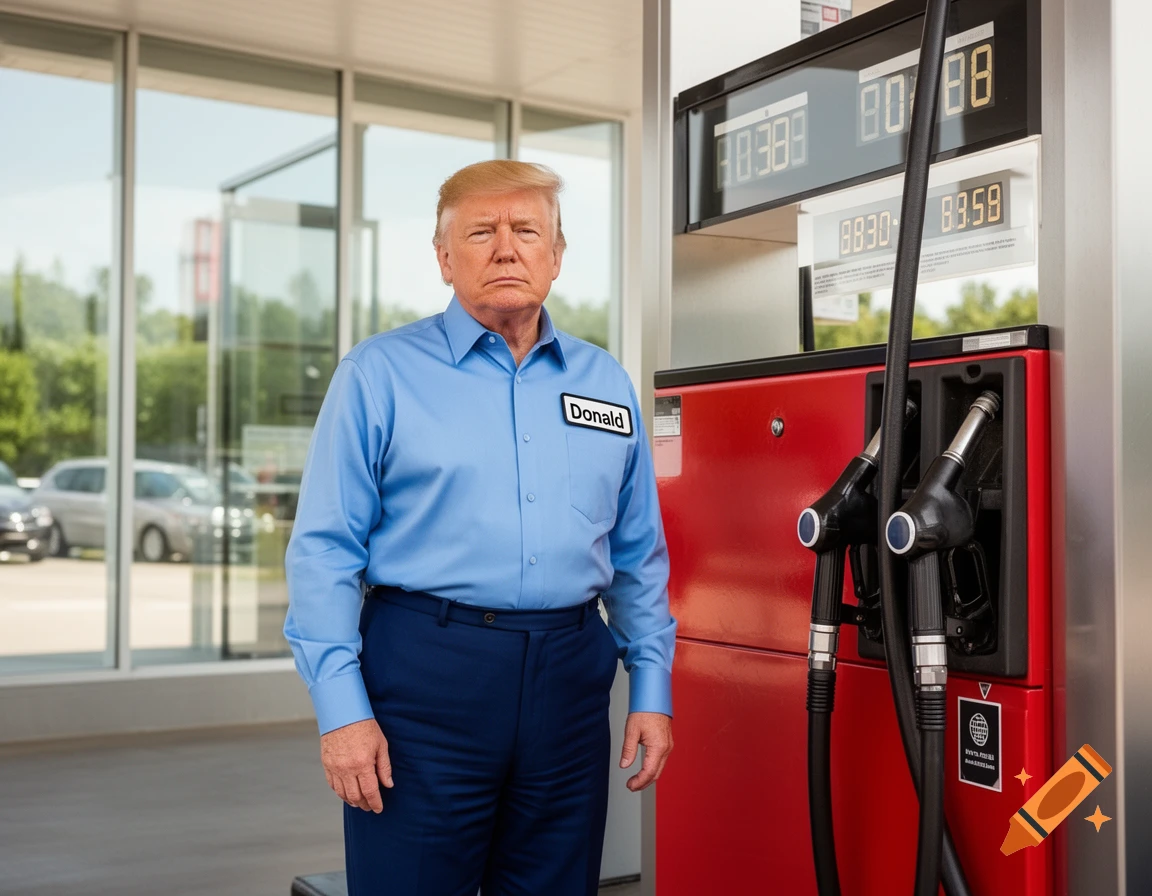 Photorealistic image of Donald Trump in a blue uniform and 'Donald' name tag, standing at a gas station pump.