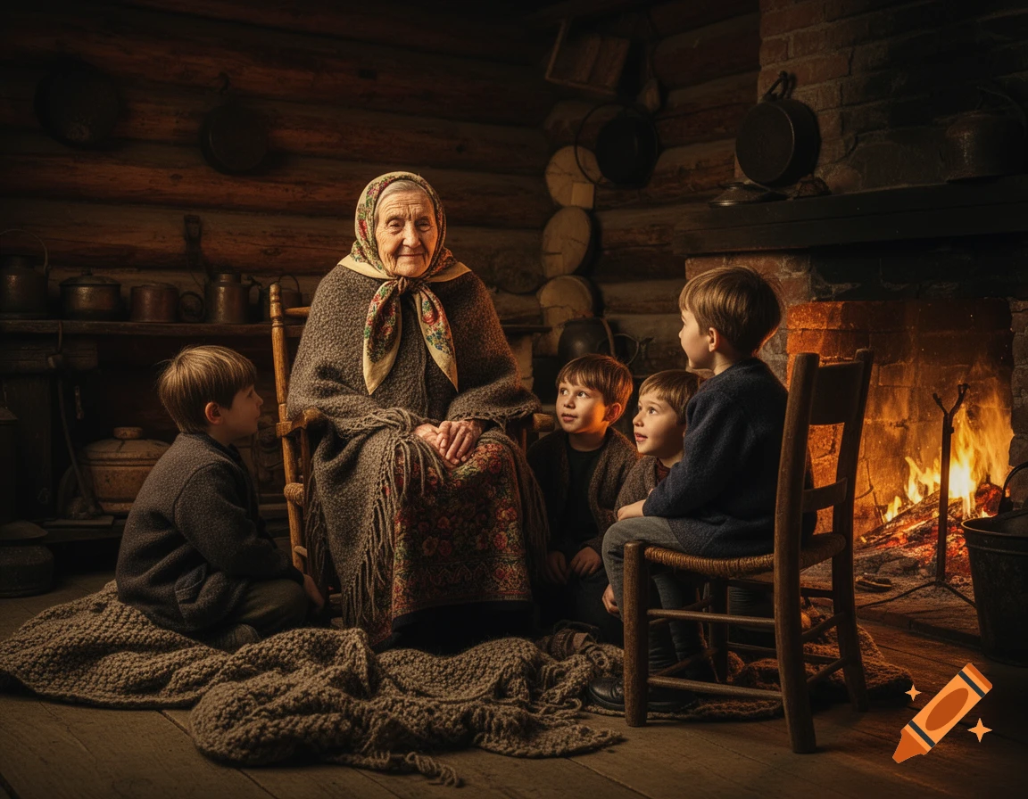 An old grandmother wearing a headscarf sits in a wooden chair, telling stories to three young boys gathered around her by a warm fireplace in a rustic log cabin.