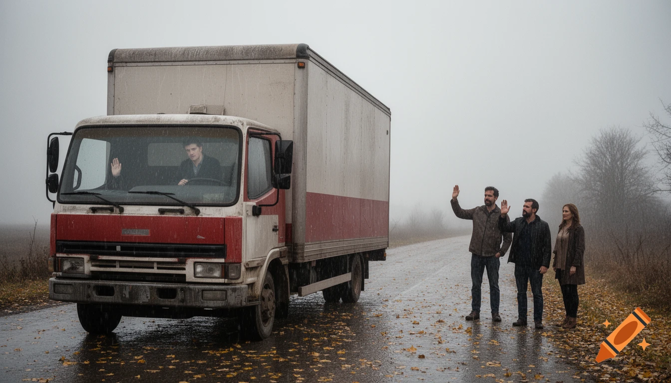 A man waves from a white and red moving truck on a wet, leaf-strewn road, while two men with beards and one woman wave from the roadside in a misty, late autumn setting.