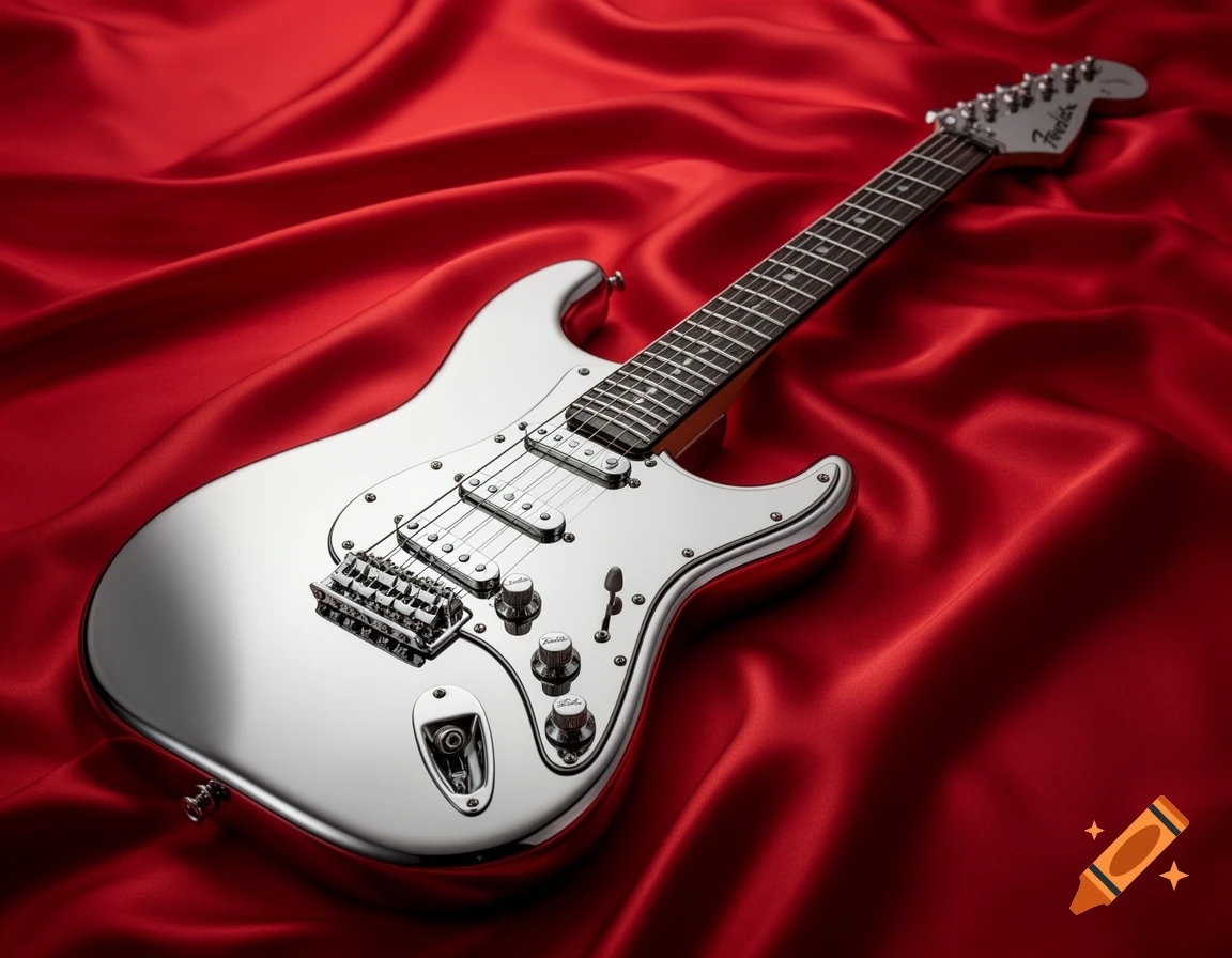 A gleaming silver electric guitar with chrome hardware rests on a rich red silk fabric, showing reflections and drapes.
