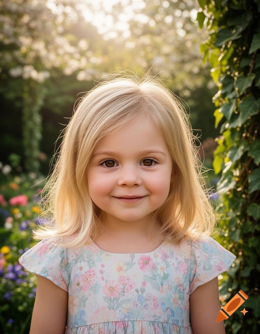 A close-up, photorealistic portrait of a smiling blonde little girl with brown eyes, in a sunny garden.