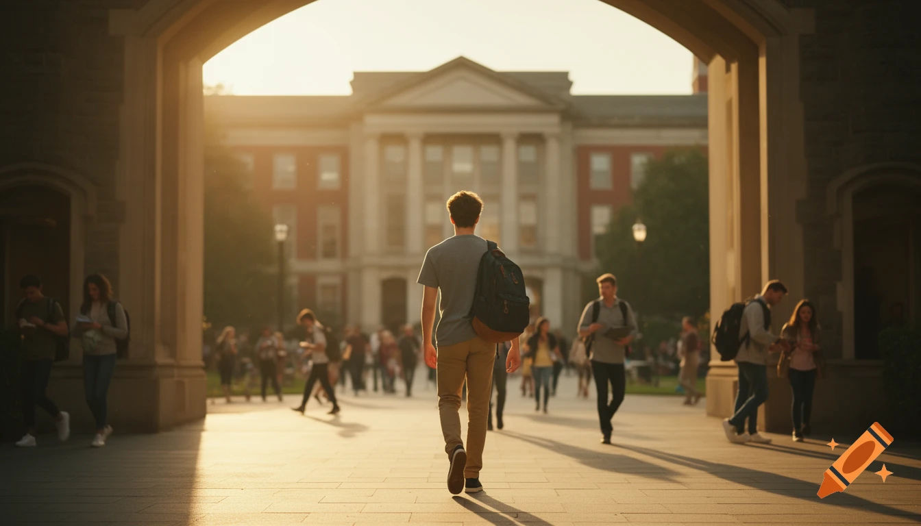 A young adult with a backpack walks into a sunlit university campus framed by an archway, other students are in the background, photorealistic style.