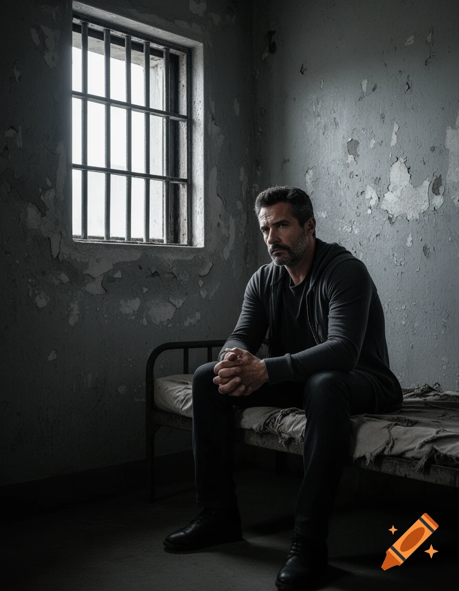 A somber man with dark hair and a beard sits on a cot in a dimly lit, peeling prison cell, looking thoughtful. Photorealistic style.