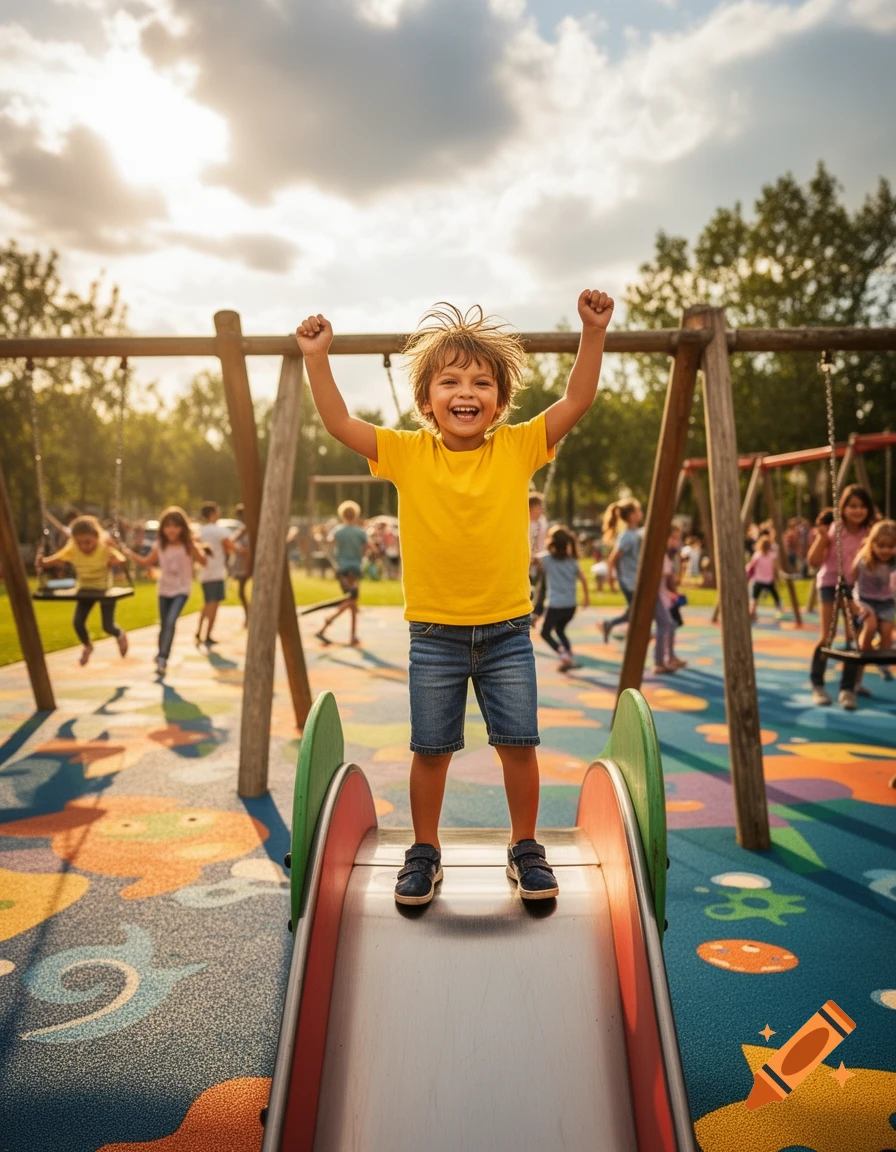 A happy child in a yellow shirt stands on a playground slide with arms raised, surrounded by other children playing.