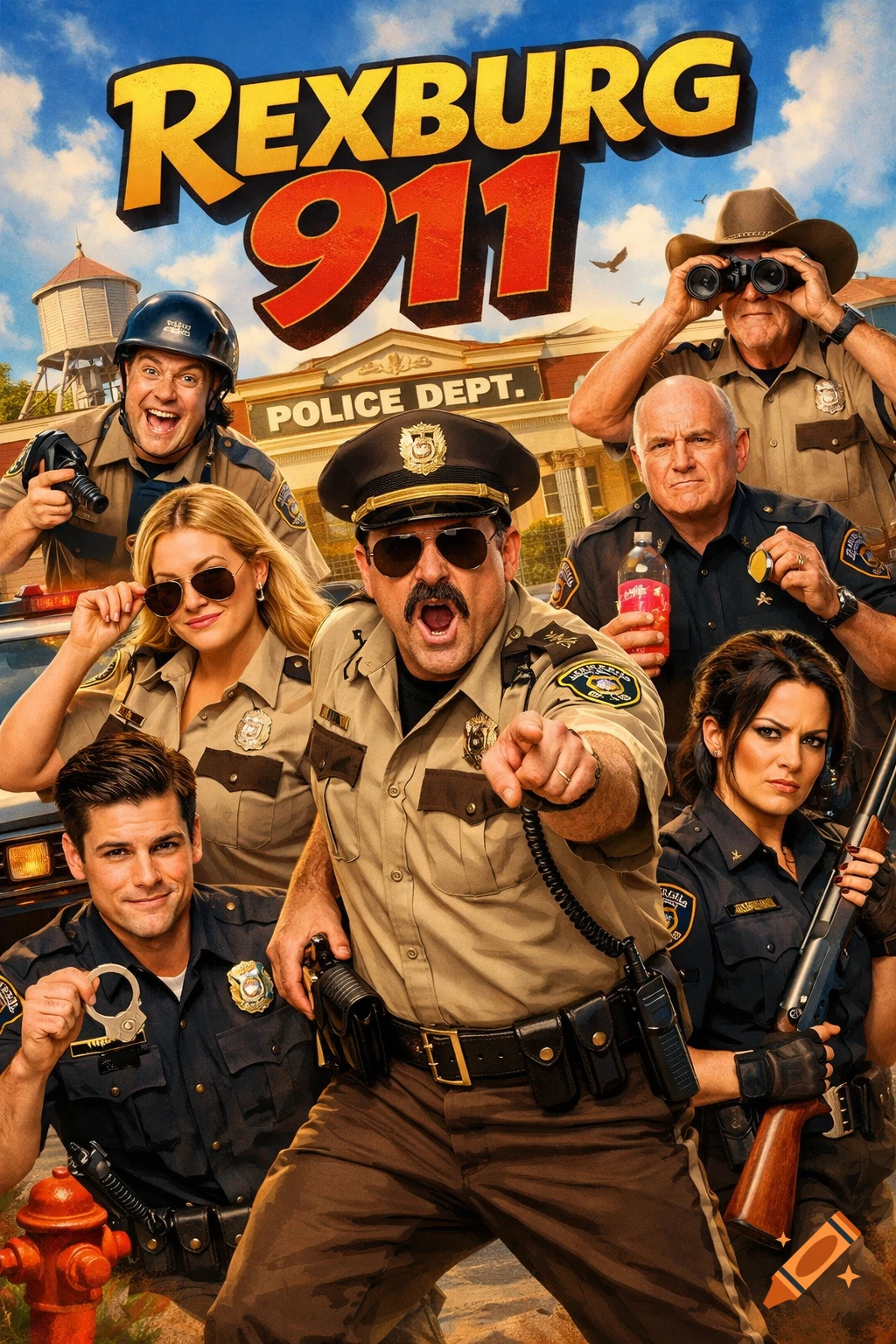 A vibrant comedy poster featuring seven diverse police officers, some laughing and some stern, against a blue sky with the text 'REXBURG 911'.