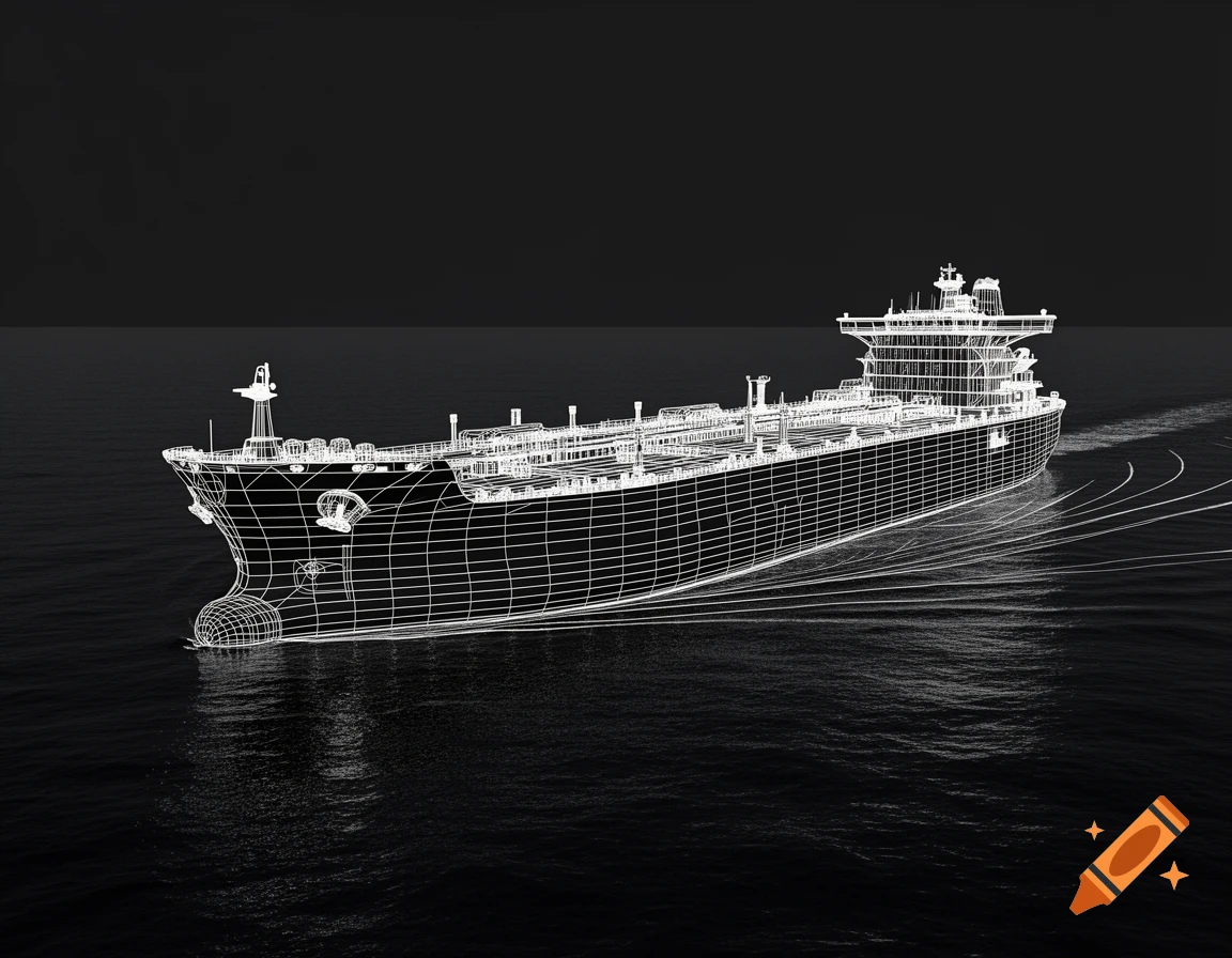 A 3D white wireframe model of a large tanker ship sailing on dark, rippling water under a dark sky.