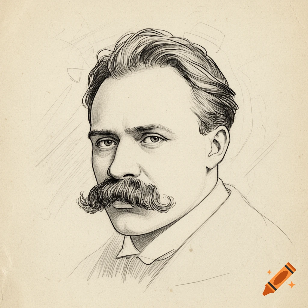 Line drawing portrait of a man with a thick mustache and wavy hair, looking straight ahead.