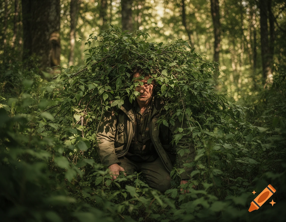 A man camouflaged by leaves, crouching in a sun-dappled forest, looking intently forward.