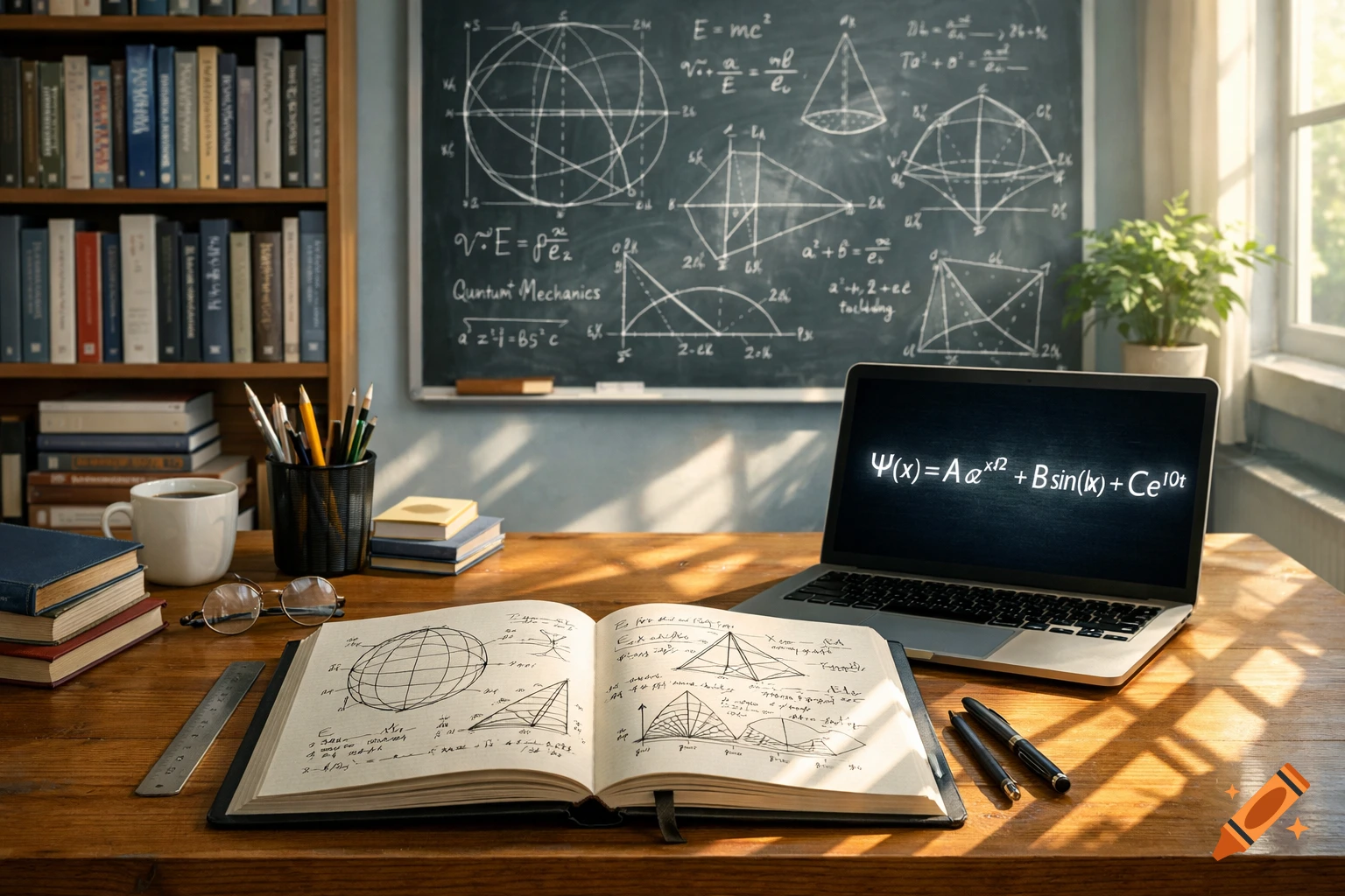A rustic study desk with an open book of math diagrams, a laptop displaying a complex equation, and a chalkboard filled with geometric figures and formulas. Sunlight streams in from a window.