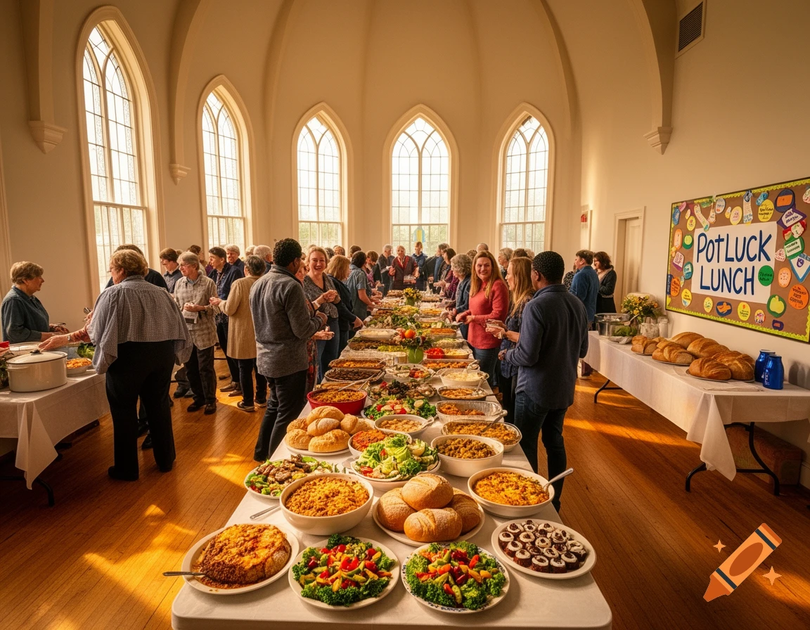 A vibrant church potluck with people gathered around tables brimming with food, including salads and bread, in a sunlit hall with arched windows.
