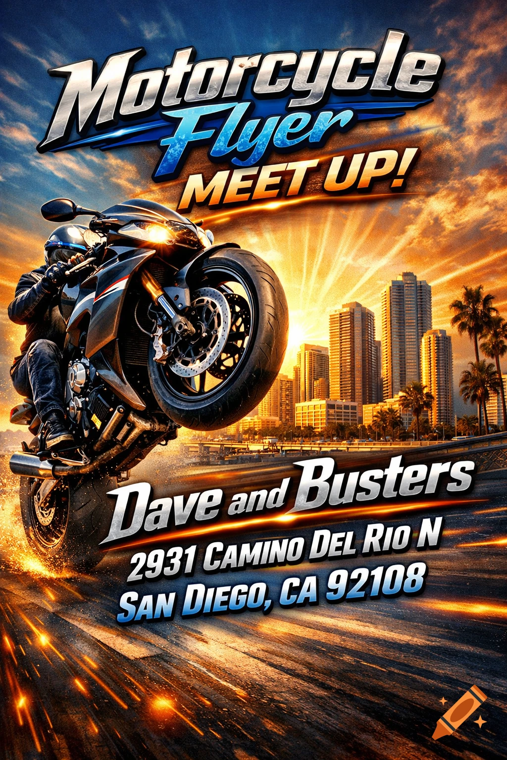 Dynamic flyer for 'Motorcycle Flyer Meet Up!' showing a motorcycle doing a wheelie with a city skyline at sunset.