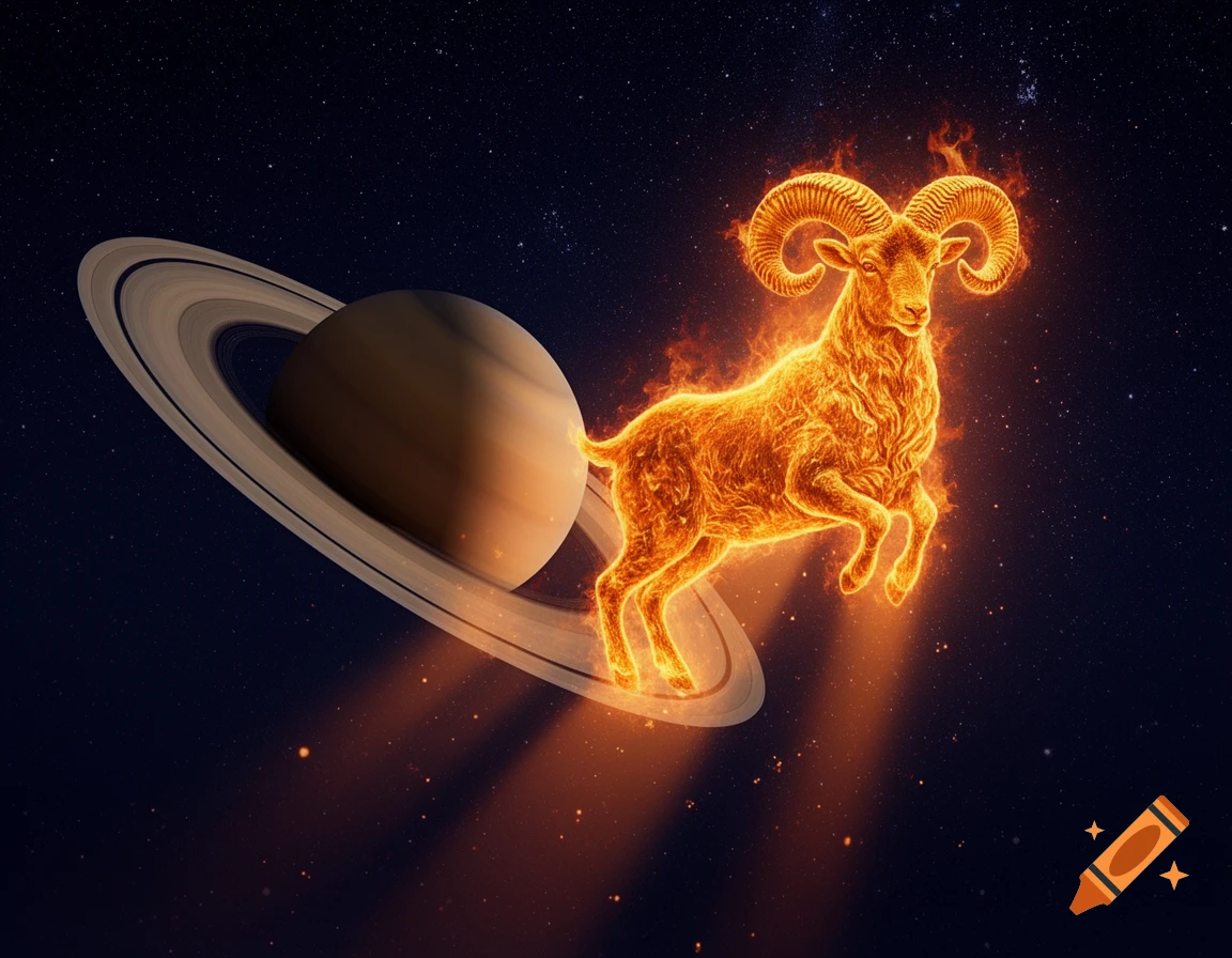 A fiery golden ram with large horns leaps in space next to Saturn and its rings, against a dark starry background.