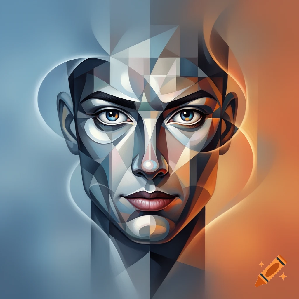 A stylized cubist portrait of a human face with geometric facets, split into cool blue and warm orange hues, with prominent eyes.