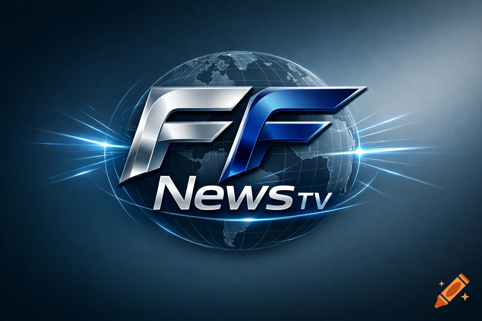 A modern logo for "FF NewsTV" with metallic silver and blue letters, set against a glowing translucent globe with bright blue light streaks.