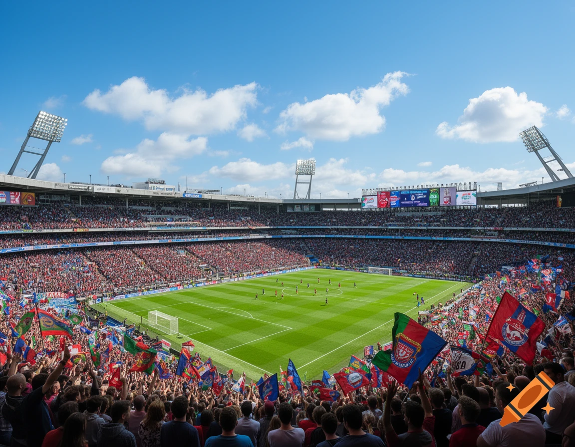 A vibrant, crowded football stadium under a blue sky, with a match in progress and fans waving flags.