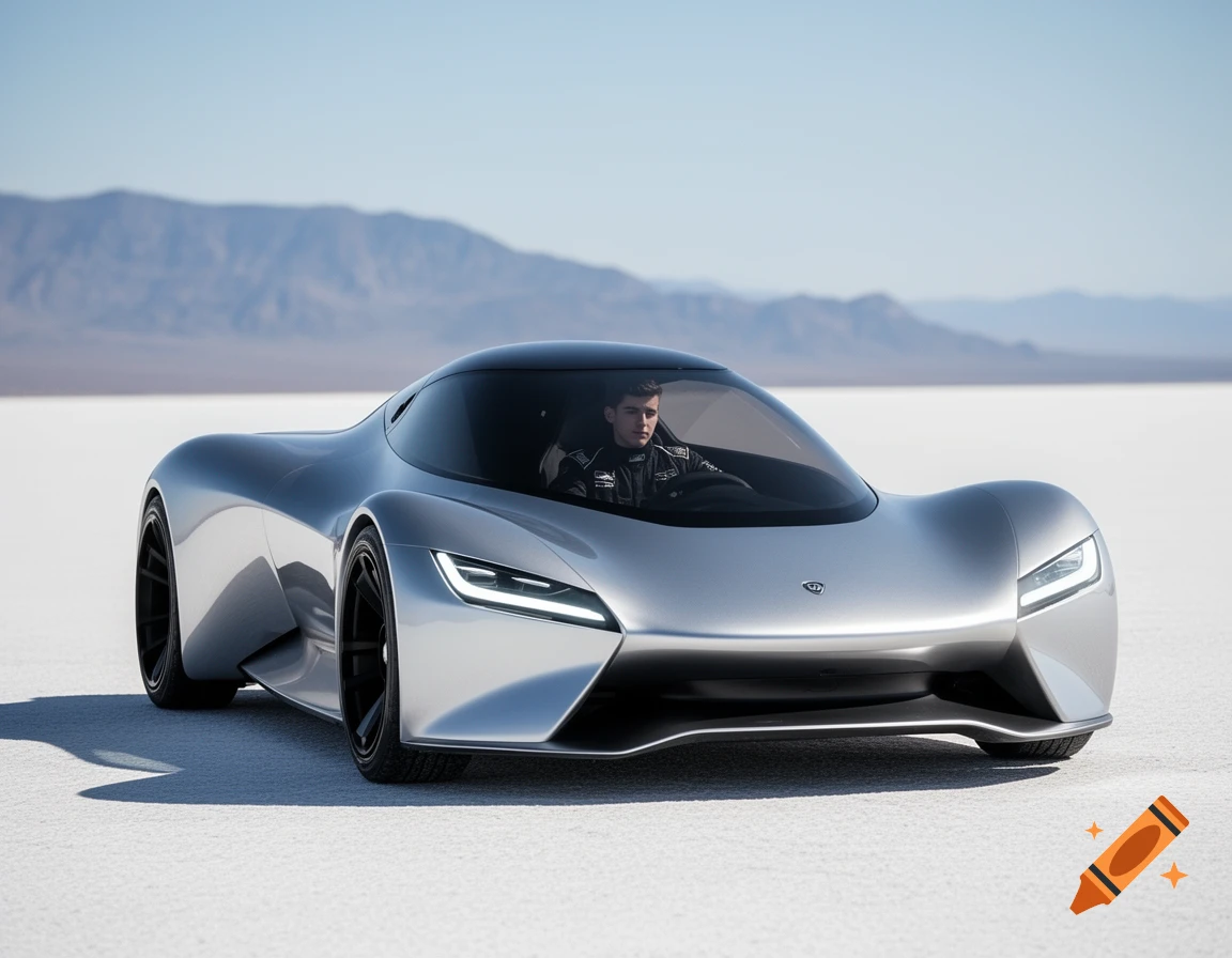 A photorealistic silver aerodynamic concept car with a driver on a vast white salt flat, mountains in the distance.