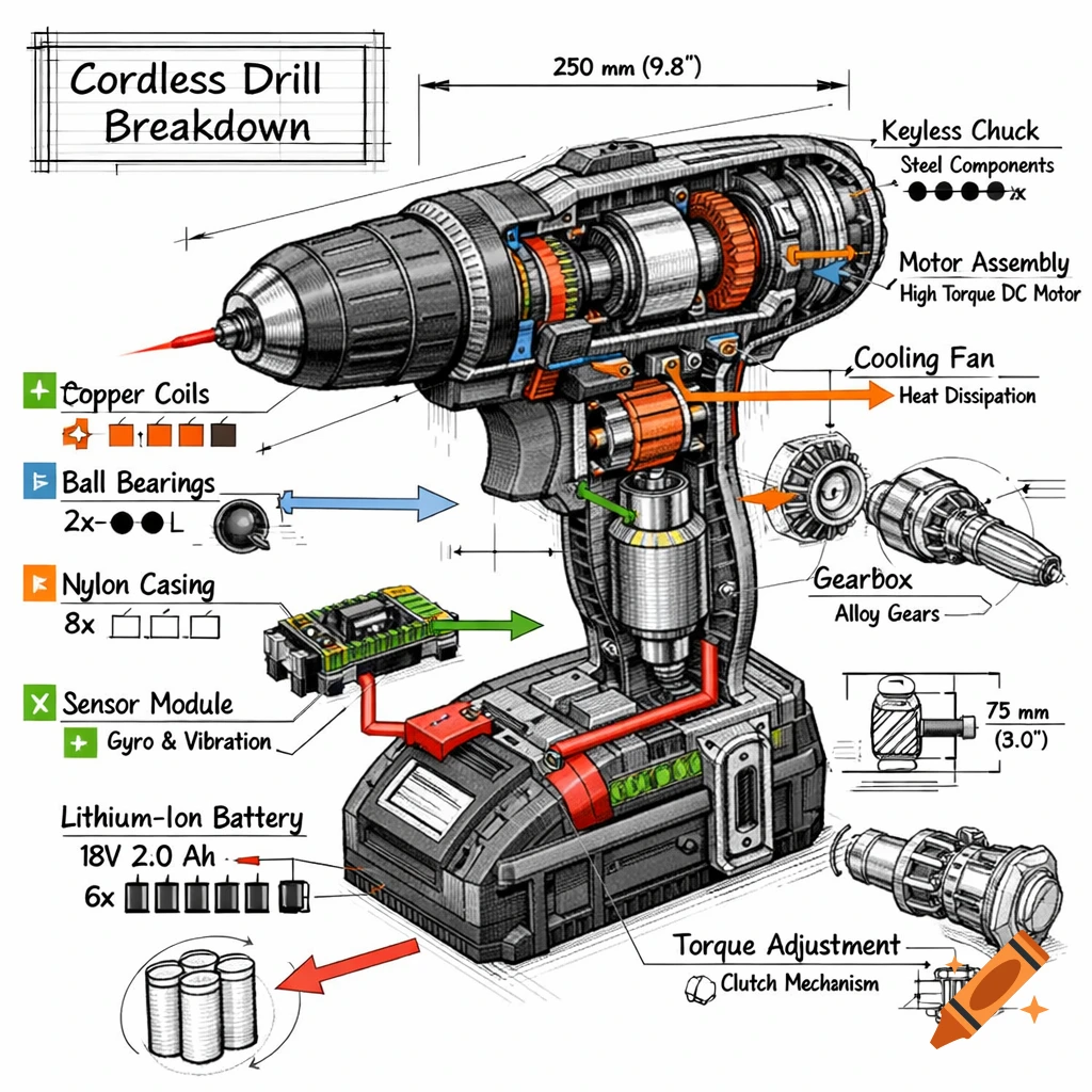 Detailed technical infographic of a cordless drill in isometric 3D, showing internal components with color-coded labels, measurements, and a hand-drawn title.