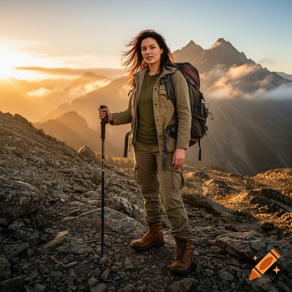 A woman with a backpack and hiking pole stands on a rocky mountain path at sunset, mountains in the background.