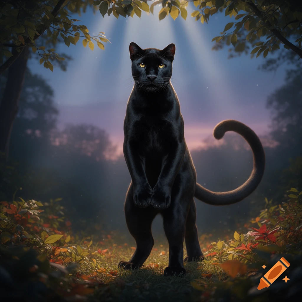 A majestic black panther stands on its hind legs in a mystical forest ...