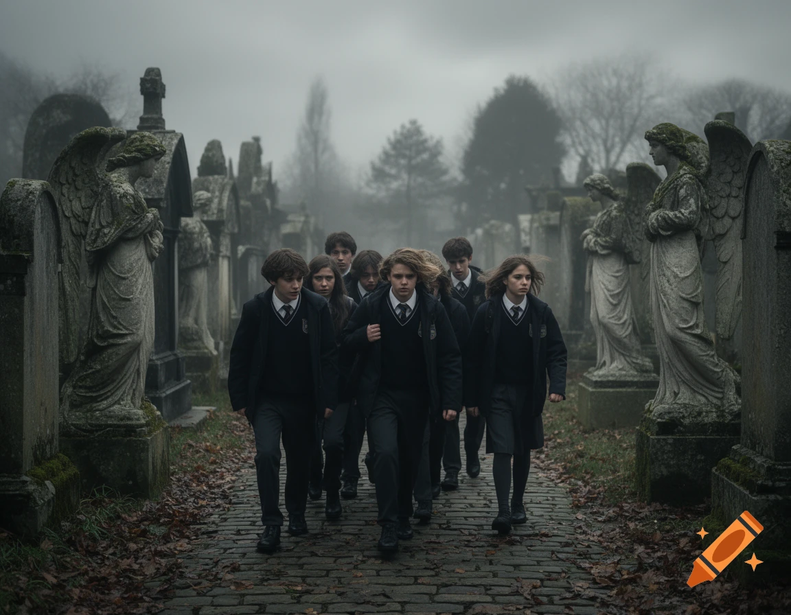 A group of students in dark uniforms walk through a foggy, gloomy old cemetery with angel statues and gravestones.