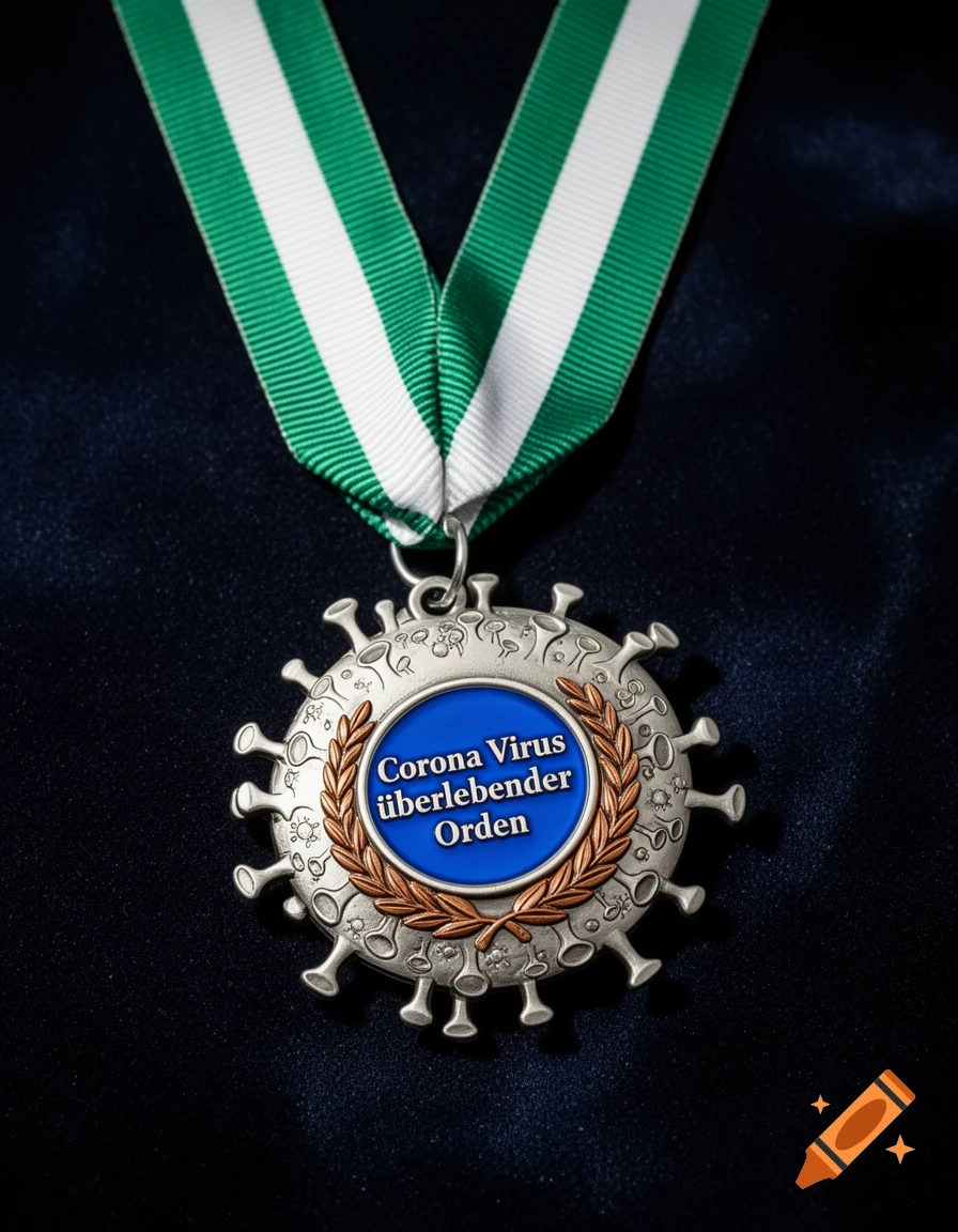 Close-up of a silver medal shaped like a coronavirus, with a blue center reading "Corona Virus überlebender Orden" and a wreath, hanging from a green and white striped ribbon against a dark blue background.
