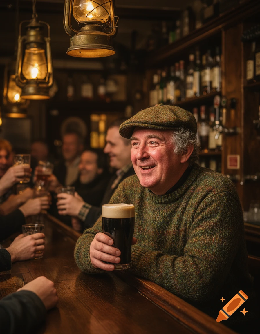 A smiling man in a flat cap and green sweater holds a pint of stout at a dimly lit pub, with other patrons in the background.