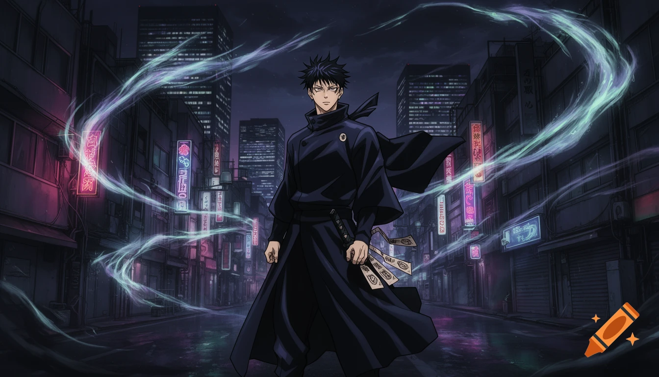 A black-haired jujutsu sorcerer in a dark robe stands in a neon-lit anime city street at night, with swirling ghostly blue-green cursed energy around him.