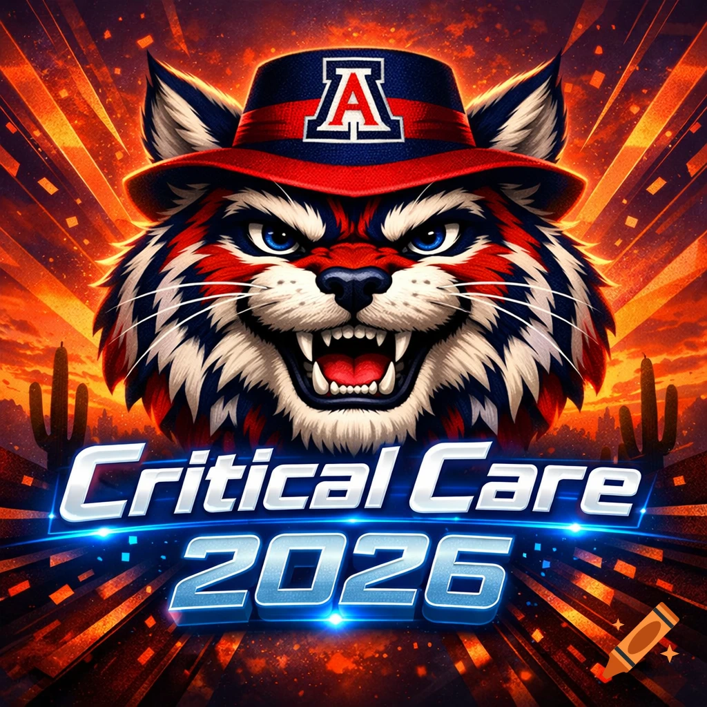 Fierce University of Arizona wildcat mascot wearing a red and blue hat with an 'A', against an orange desert background, with 'Critical Care 2026' text.