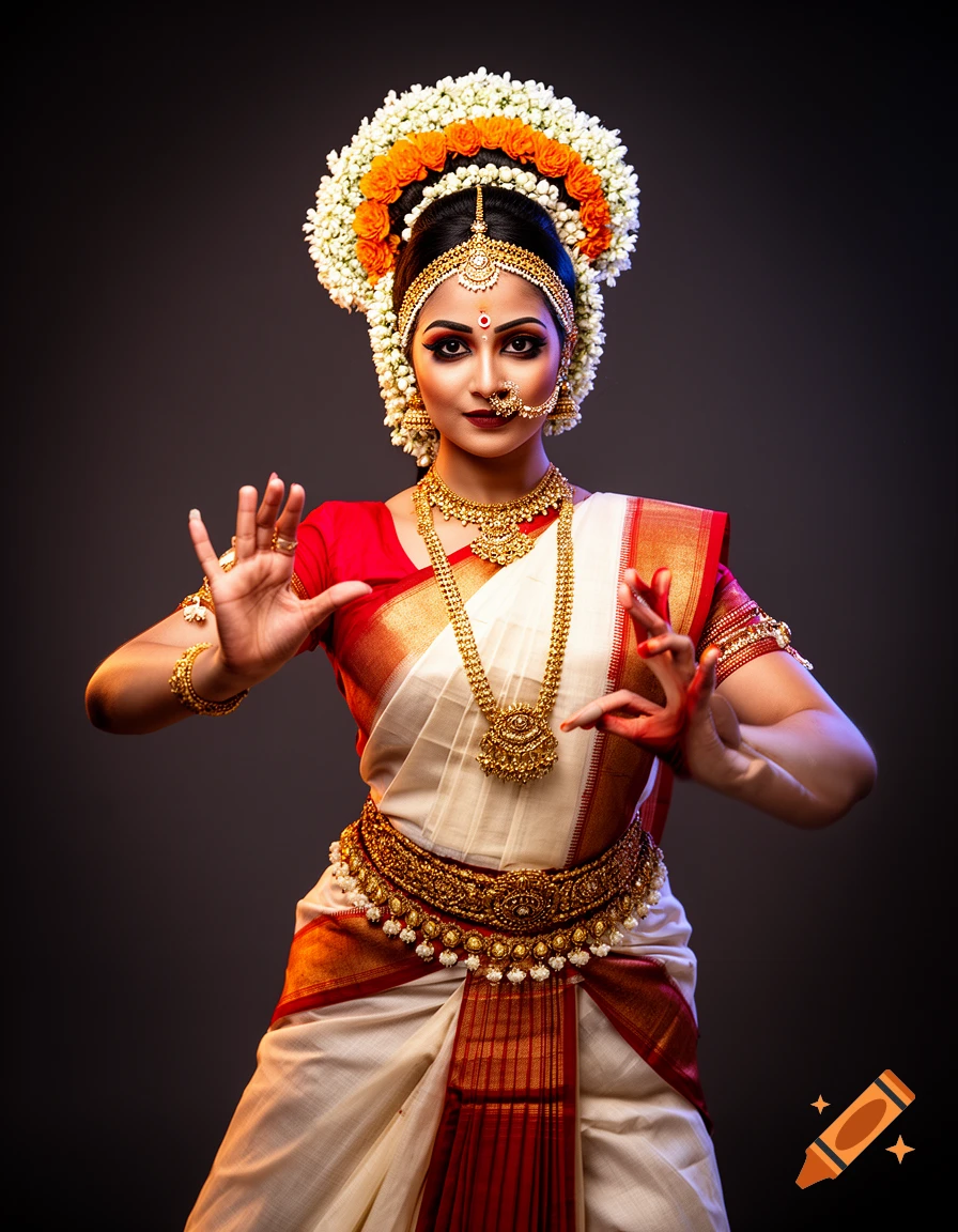 A photorealistic studio portrait of an Indian classical dancer in a Bharatanatyam pose, wearing a white and red sari, gold jewelry, and a floral headpiece.