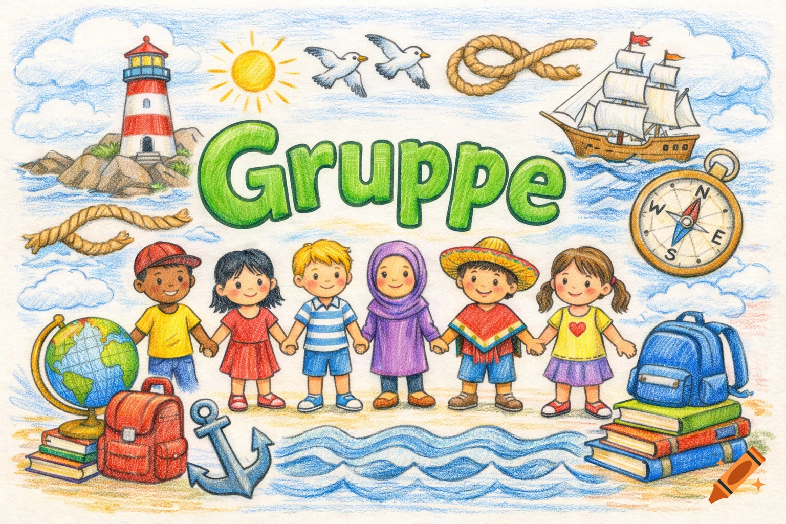 Hand-drawn colored pencil art of diverse children holding hands below the word 'Gruppe', surrounded by a lighthouse, ship, globe, and school items.