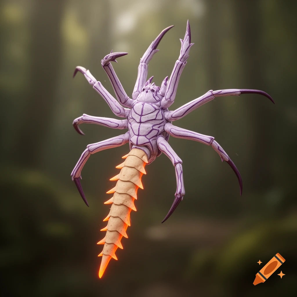 A purple, spider-like creature with seven arms and a glowing orange, spiky beige tail against a blurred forest background.