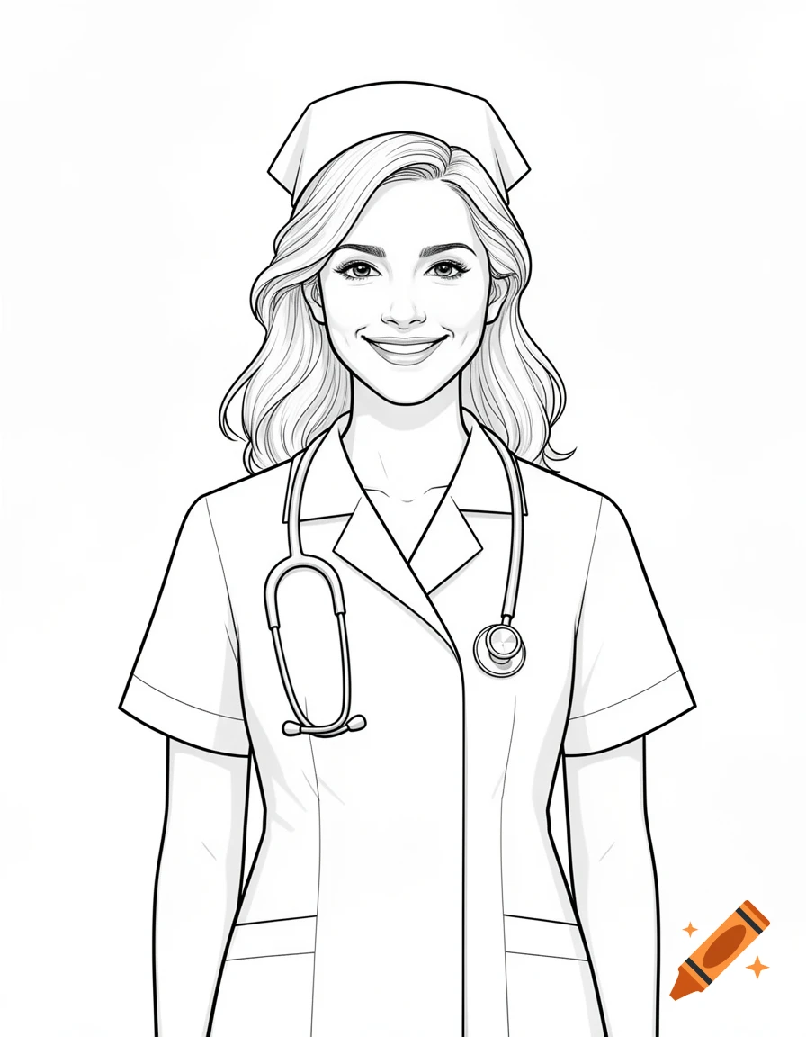 A black and white line art drawing of a smiling nurse wearing a cap and stethoscope.