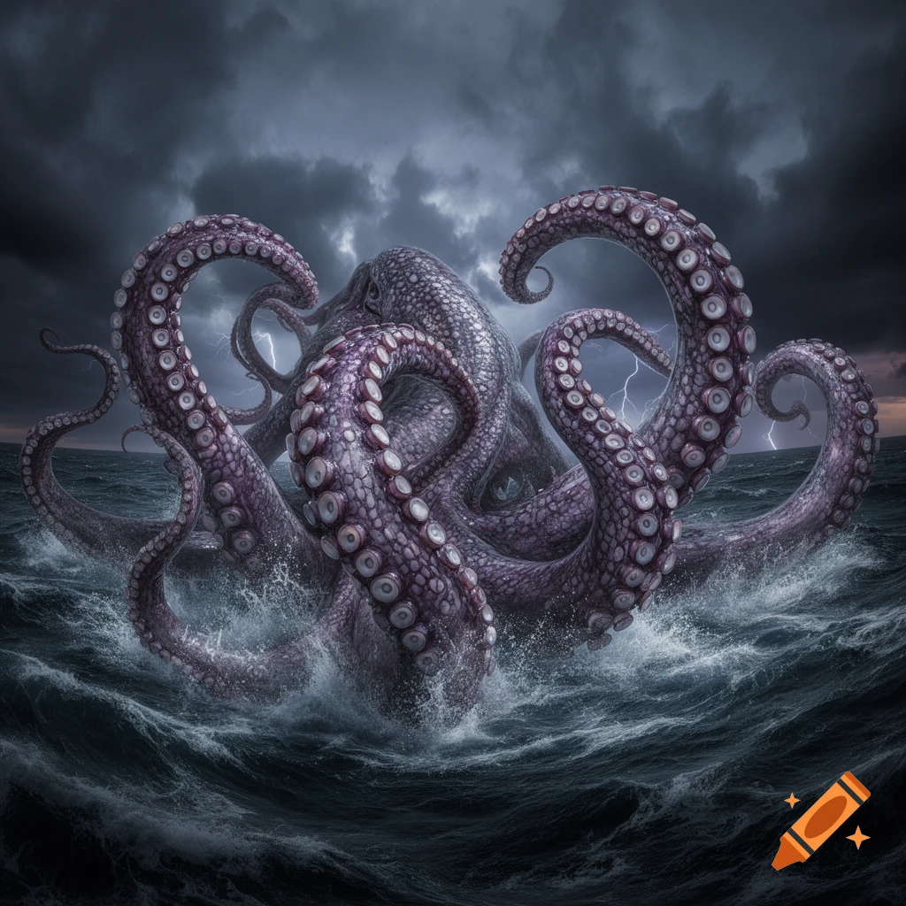 A large purple-gray tentacle monster emerges from stormy dark ocean waters under a lightning-filled sky.