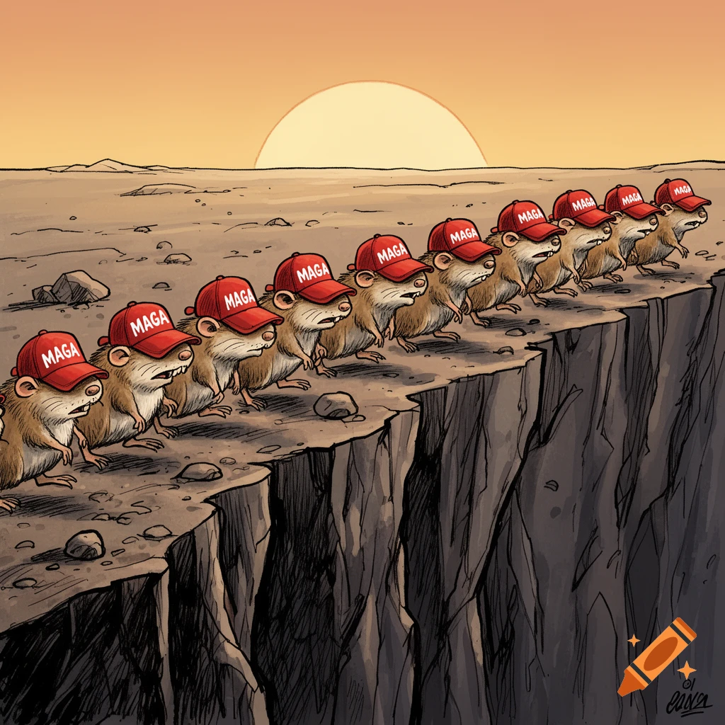 A line of cartoon rats in red MAGA hats walk off a cliff edge in a barren landscape under a setting sun.