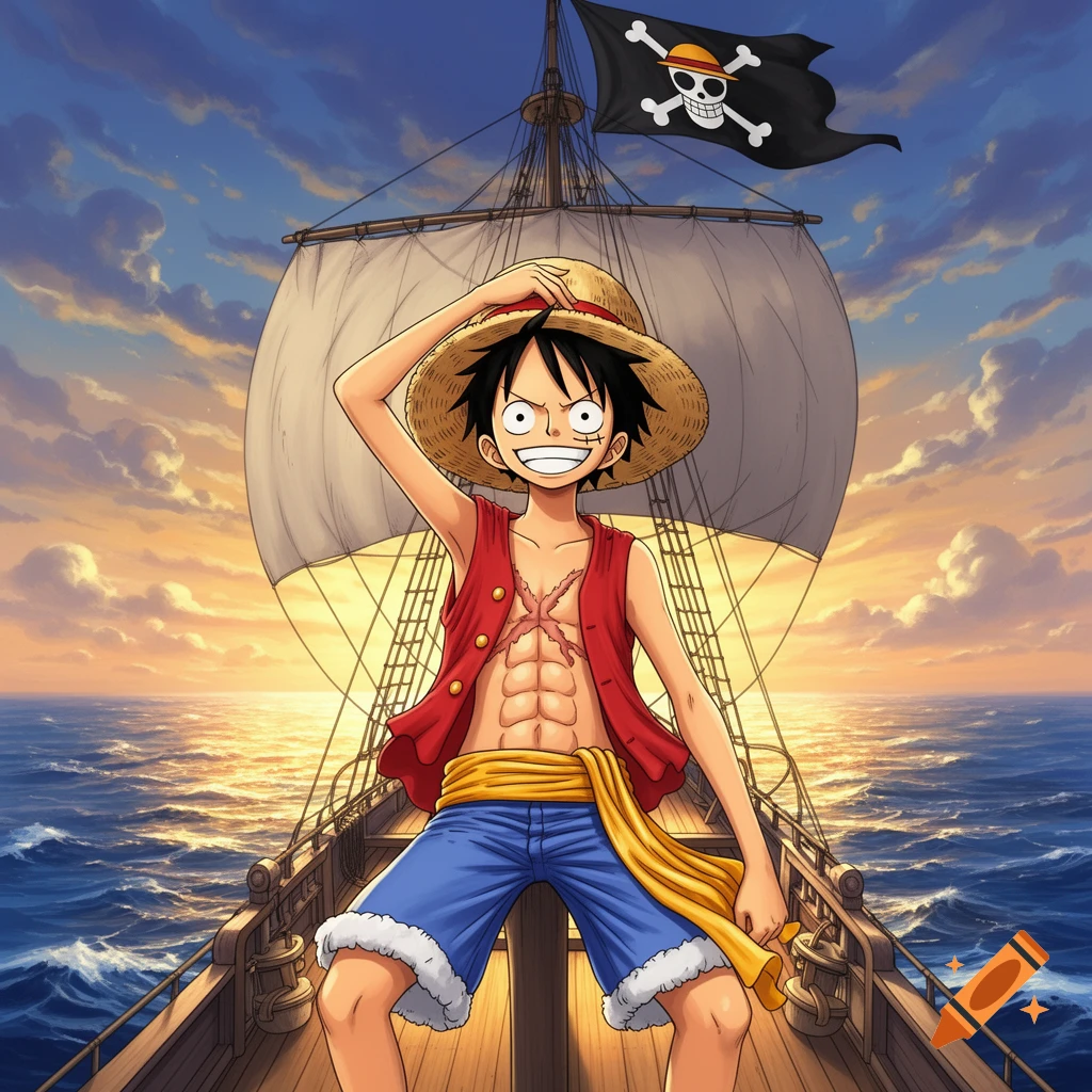 Monkey D. Luffy stands on the deck of a pirate ship with a Jolly Roger flag, smiling at sunset in an anime style.