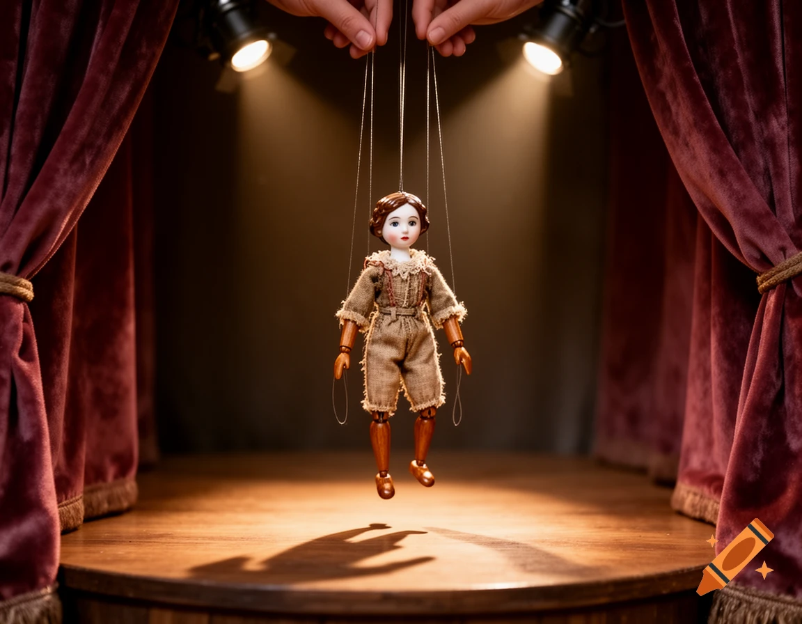 A marionette puppet with brown hair and a burlap costume hangs on strings over a wooden stage, illuminated by two spotlights, flanked by red velvet curtains.