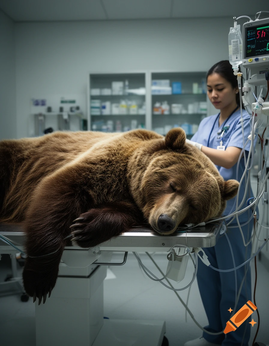 A large brown bear lies sedated on a metal operating table, with a veterinarian attending to it amidst medical equipment.