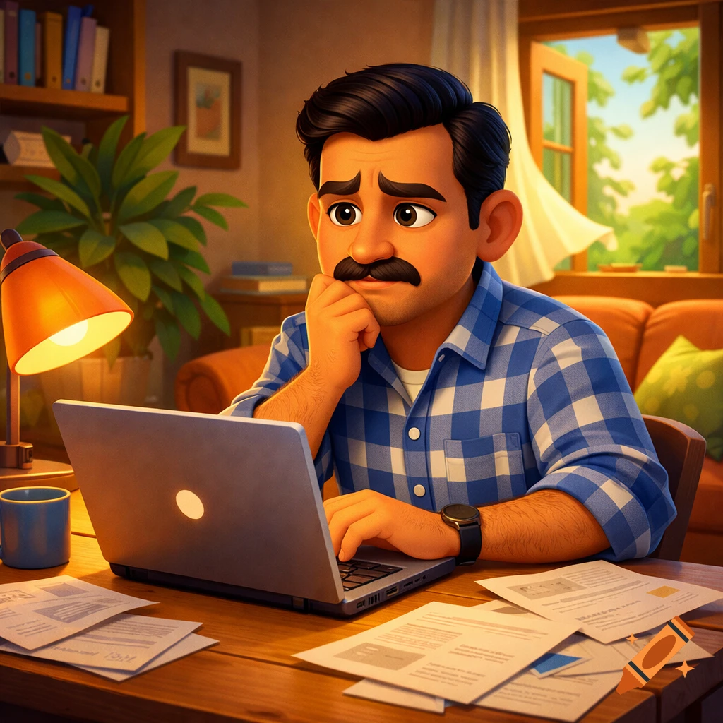 A worried man with a mustache works on a laptop at a desk with papers in a cozy 3D cartoon home office.