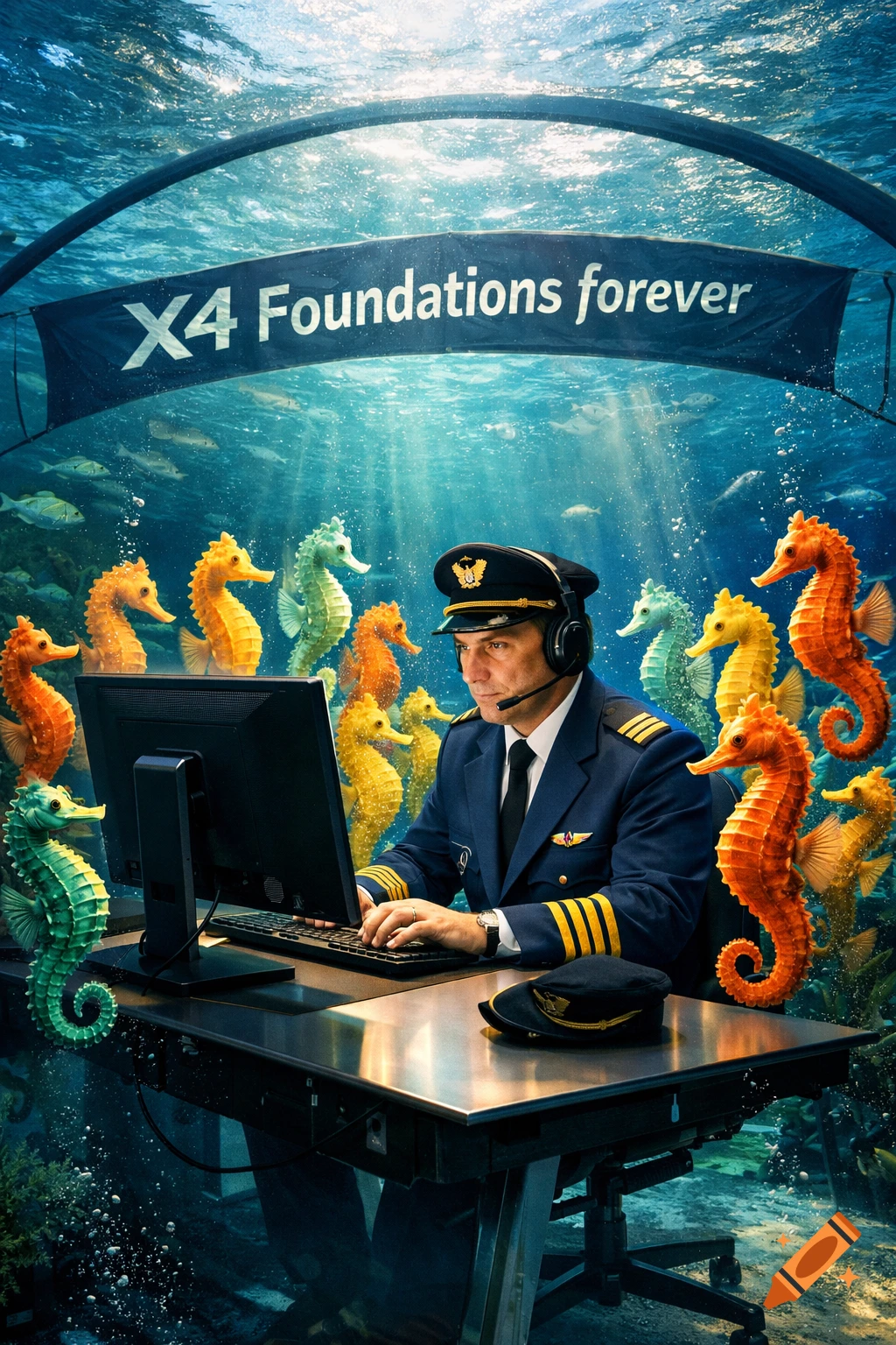 A photorealistic image of an airplane pilot using a computer at a desk inside an aquarium, surrounded by colorful seahorses. A banner reads "X4 Foundations forever".