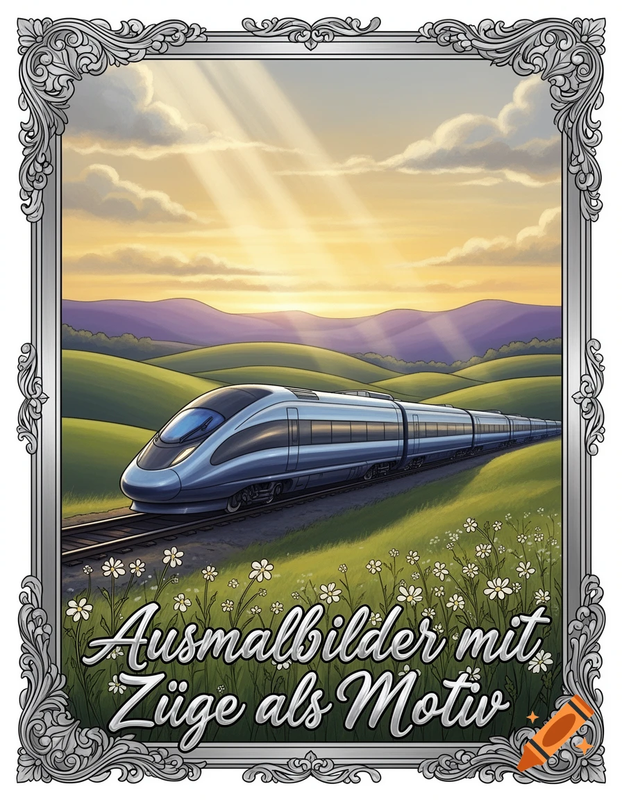 Stylized illustration of a silver train on tracks in green hills under a sunset sky, within an ornate frame, with text 'Ausmalbilder mit Züge als Motiv'.