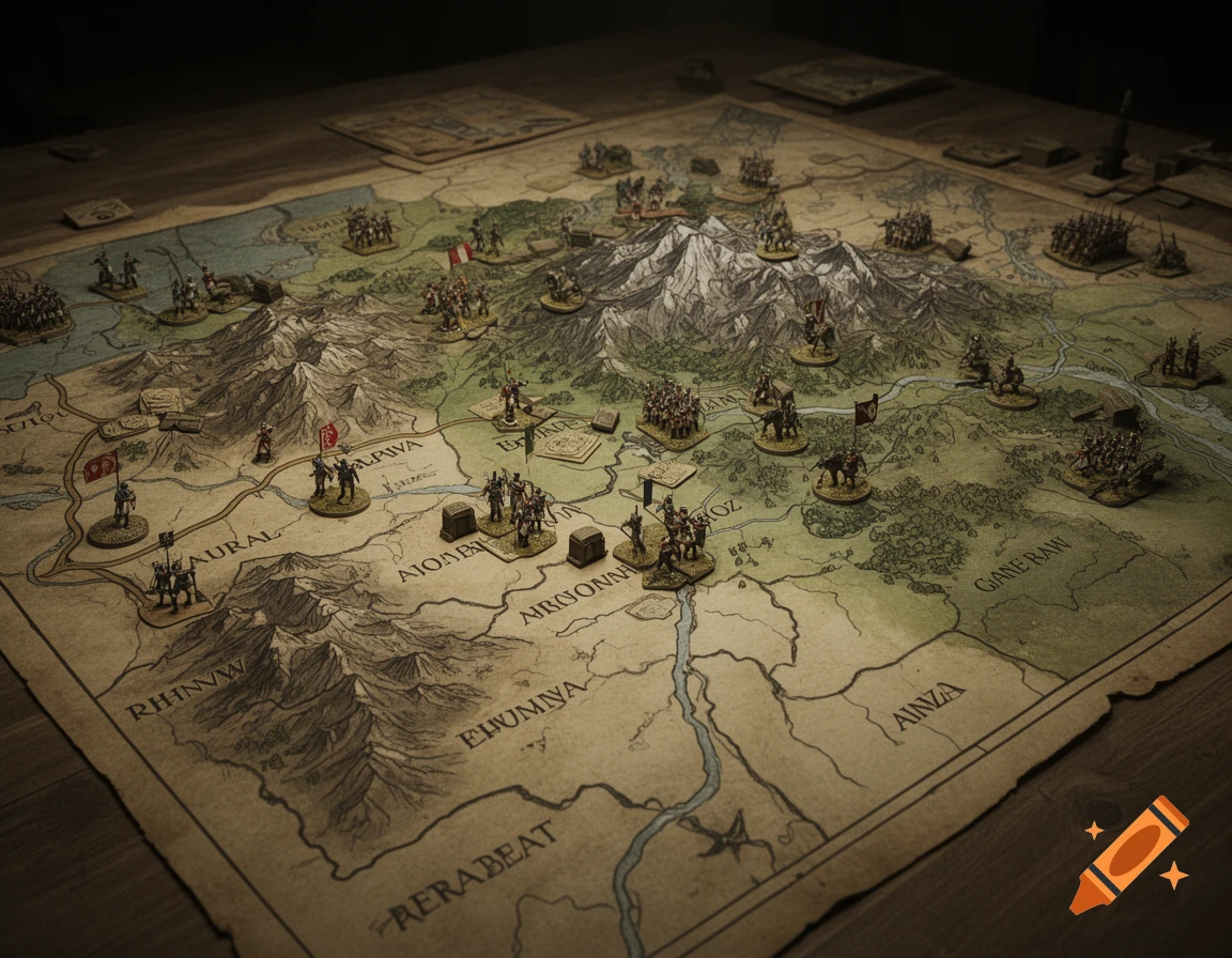A detailed overhead view of a vintage style wargame map with mountains, rivers, and miniature figures in various formations, under dramatic lighting.