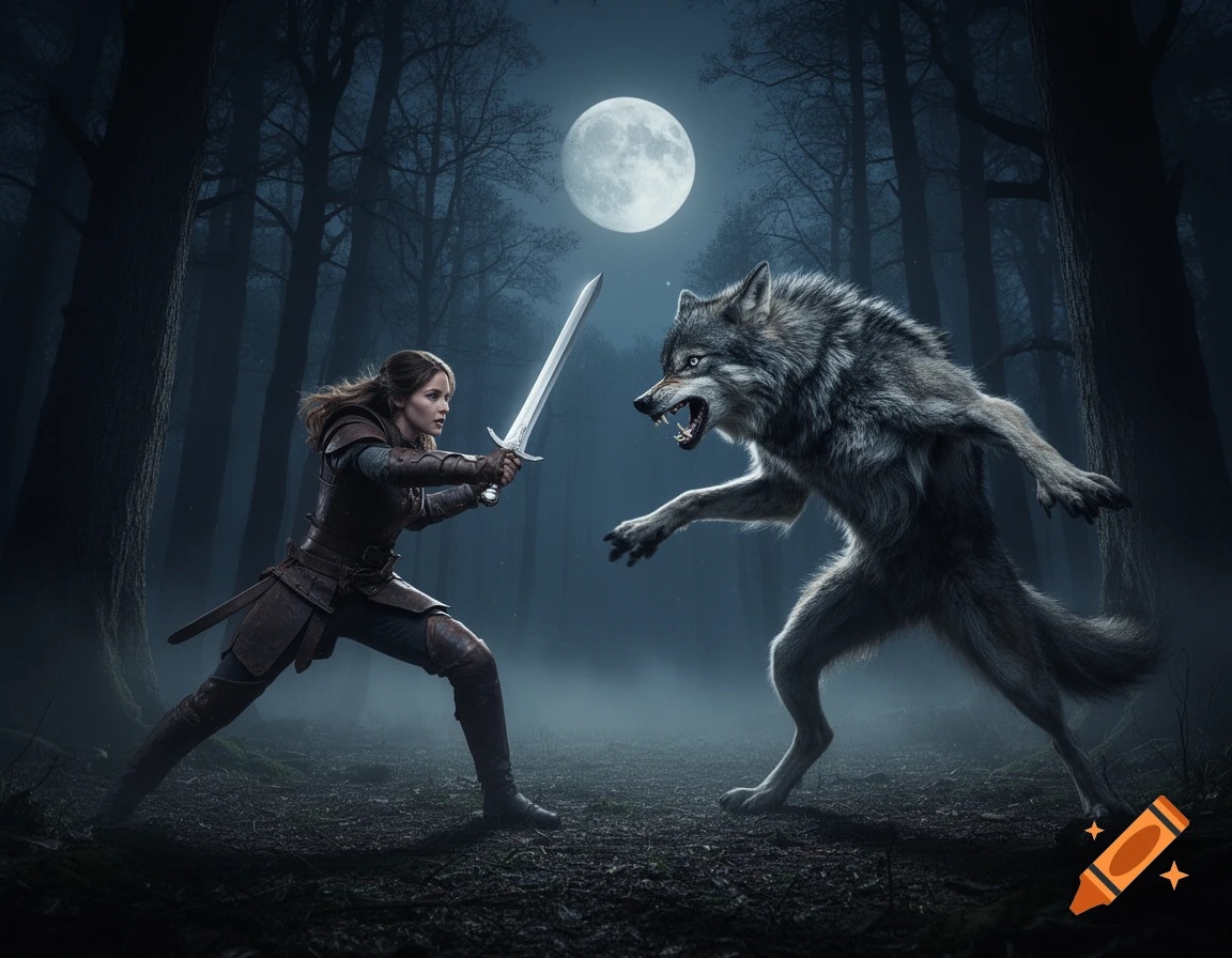 A woman warrior in leather armor battles a snarling werewolf with a sword in a dark, misty forest under a full moon, photorealistic.