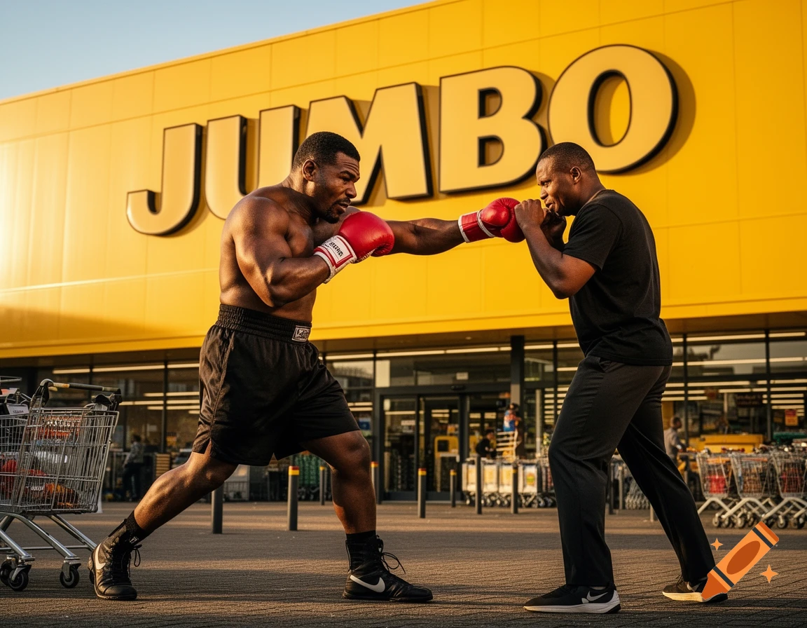 Two men boxing in front of a yellow Jumbo supermarket building.