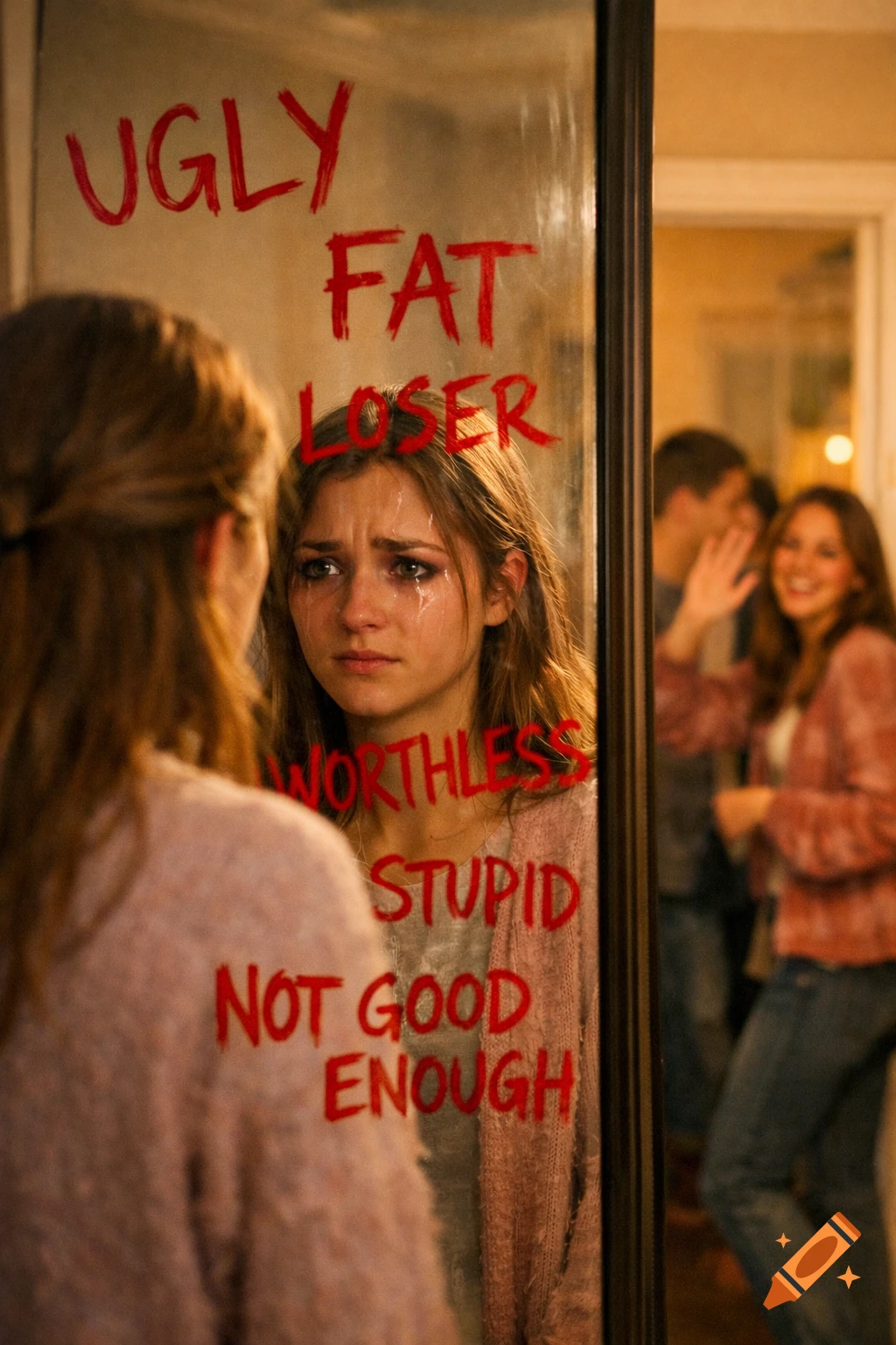 Photorealistic image of a crying young woman looking into a mirror covered with self-deprecating red text like 'UGLY' and 'FAT', while two smiling friends are visible in the background.