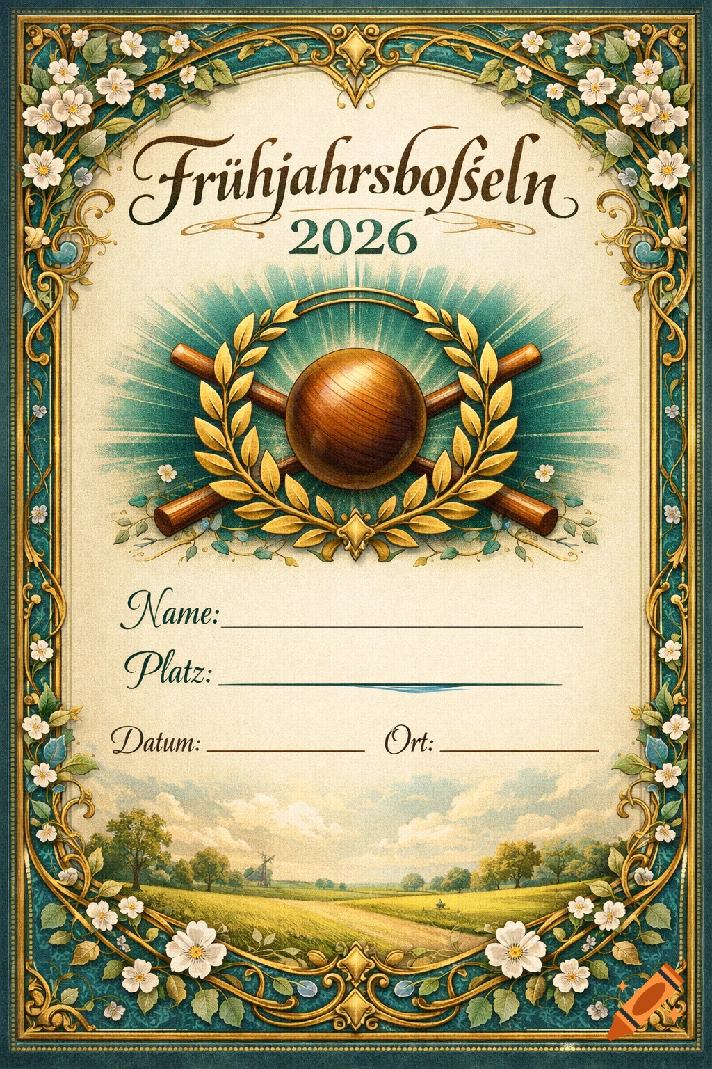 A decorative certificate for 'Frühjahrsboßeln 2026' with a sports emblem, fill-in fields, and a scenic landscape at the bottom.