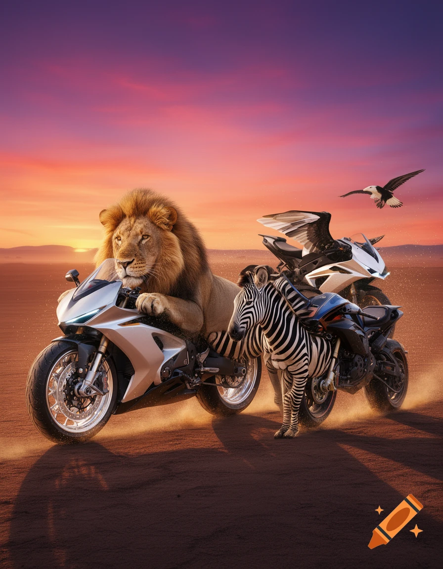 A photorealistic lion rides a white motorcycle, a zebra stands by a black bike, and an eagle soars over a winged motorcycle in a desert sunset.