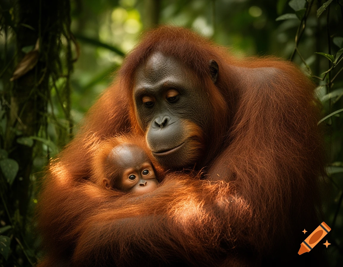 Photorealistic close-up of a mother orangutan tenderly holding its baby in a lush green jungle.