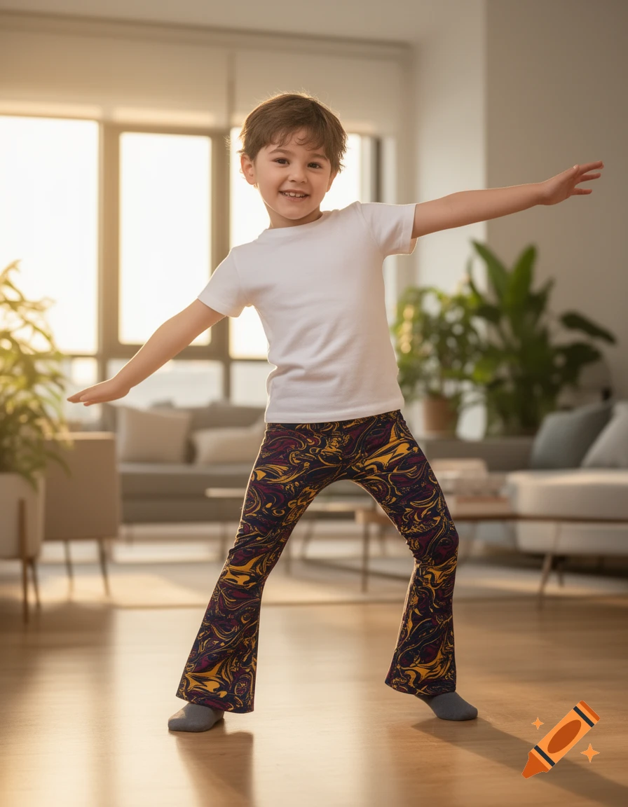 A smiling young boy in a white t-shirt and colorful patterned flared leggings balances with arms outstretched in a sunlit modern living room.