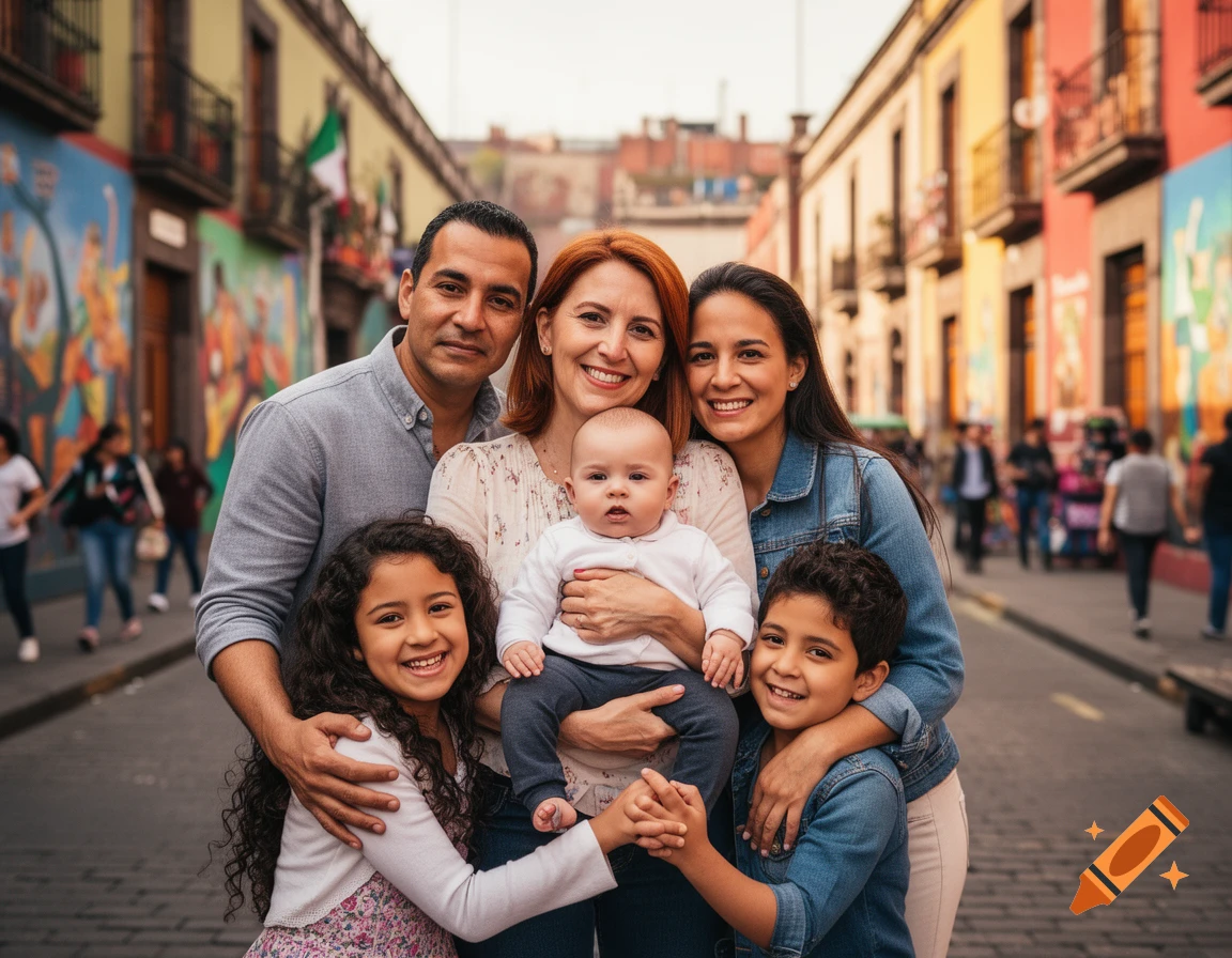A smiling family of five, including two women, a man, two children, and a baby, poses on a colorful city street.