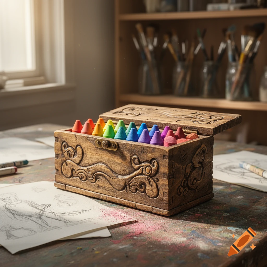 A rustic wooden box filled with a rainbow of colorful crayons sits on a messy art desk with sketches and art supplies.